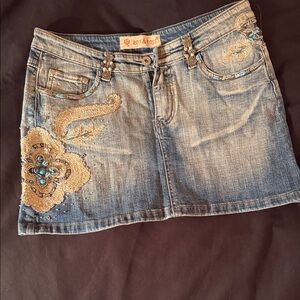 Embroidered Denim Mini Skirt - Blue and Gold